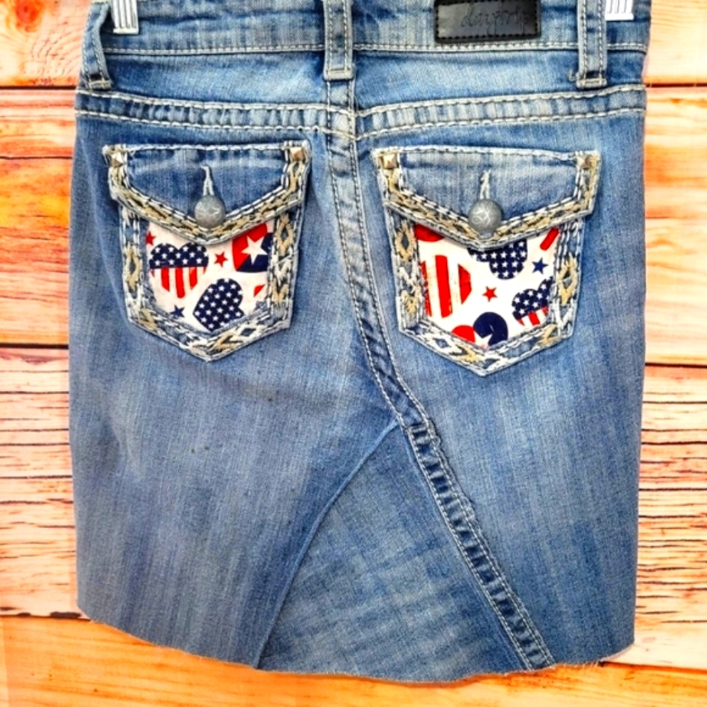Patriotic~Upcycled & Handmade Daytrip Leo Bootcut Classic Denim upcycled Skirt!